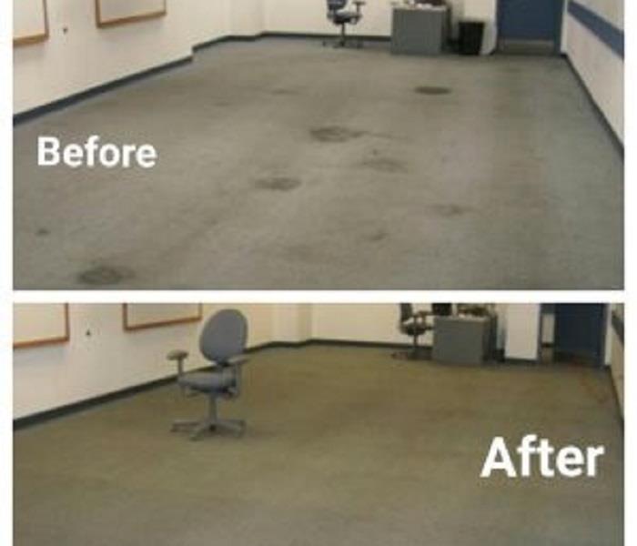 Dirty carpet and then cleaned carpet in an open office setting