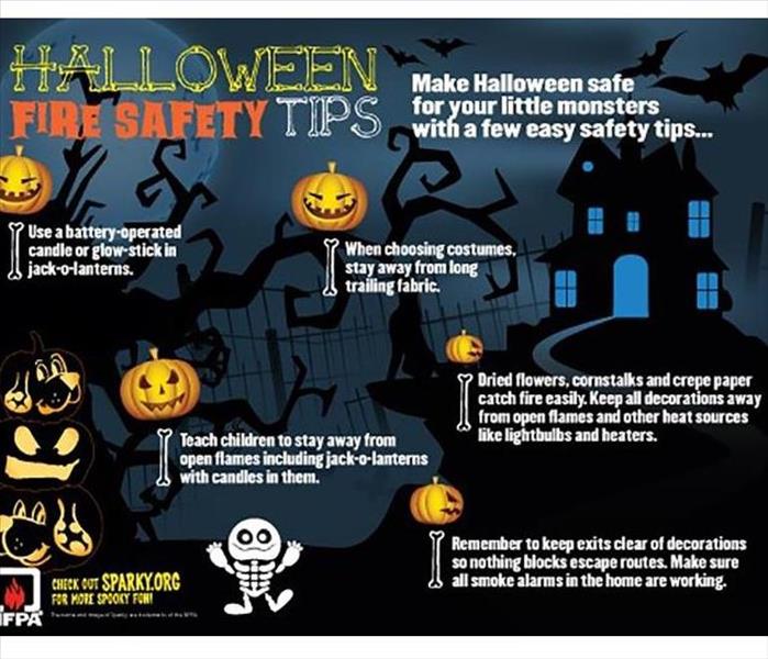 Halloween Safety Tips written out over a haunted house background