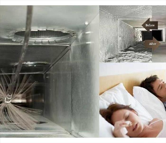 Ductwork being cleaned and then before and after and two people sleeping in bed