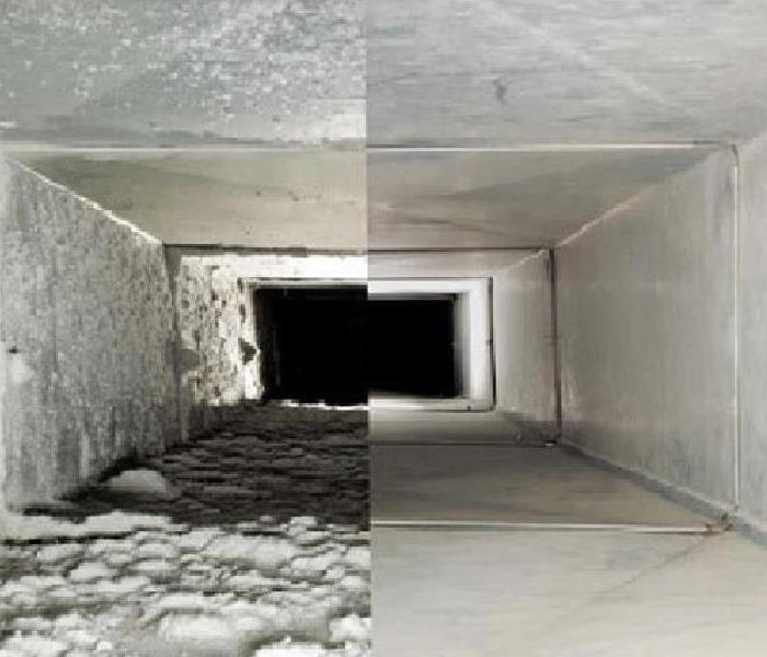large grey tunnel showing debris in hvac system vs on other side it is clean of debris